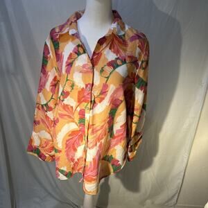 Chico’s Linen Floral Print Button‑Up Shirt Women’s Size 2 (M/L) Collared Travel